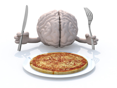 human brain with hands, fork and knife in front of a pizza dish